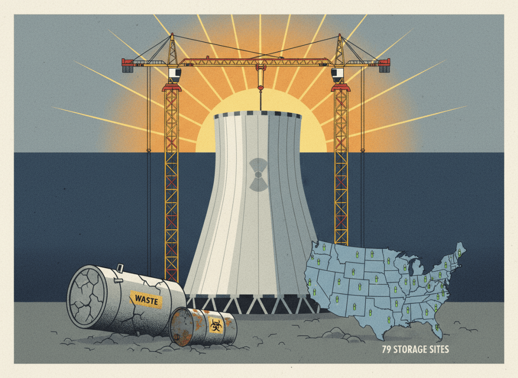 A dry editorial illustration in flat graphic style. A gleaming new nuclear reactor cooling tower rises center frame, construction cranes around it, with a rising sun behind it suggesting optimism and a new era. In the foreground, partially buried and cracked, are the old problems: a dry storage cask, a corroded barrel labeled "waste," and a map outline of the United States dotted with small fuel-rod icons showing the 79 storage sites. The contrast between the shiny new reactor and the unresolved waste problem below is the visual tension. Background is muted government navy and industrial gray with warm amber sunrise tones. Flat, wry, editorial newspaper-style illustration.