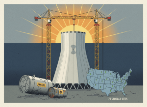 A dry editorial illustration in flat graphic style. A gleaming new nuclear reactor cooling tower rises center frame, construction cranes around it, with a rising sun behind it suggesting optimism and a new era. In the foreground, partially buried and cracked, are the old problems: a dry storage cask, a corroded barrel labeled "waste," and a map outline of the United States dotted with small fuel-rod icons showing the 79 storage sites. The contrast between the shiny new reactor and the unresolved waste problem below is the visual tension. Background is muted government navy and industrial gray with warm amber sunrise tones. Flat, wry, editorial newspaper-style illustration.