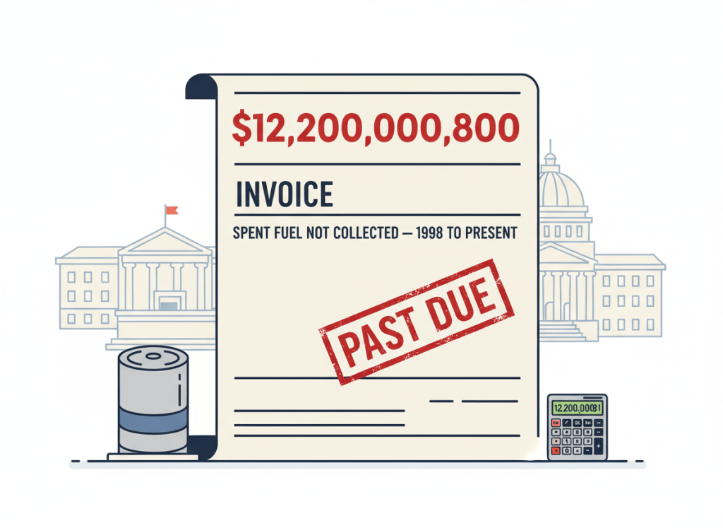 A dry editorial illustration in flat graphic style. A massive federal government invoice sits center frame, styled like an oversized bill or statement, with "$12,200,000,000" printed in bold at the top and a red "PAST DUE" stamp across it. The line items below read: "Spent fuel not collected — 1998 to present." A small nuclear fuel cask sits next to it. Behind the invoice, faint outlines of a courtroom and a federal courthouse suggest the litigation that generated the bill. In the corner, a calculator shows the running total climbing. Background is muted government beige and navy. Flat, wry, editorial, newspaper-style illustration. Clean and institutional.
