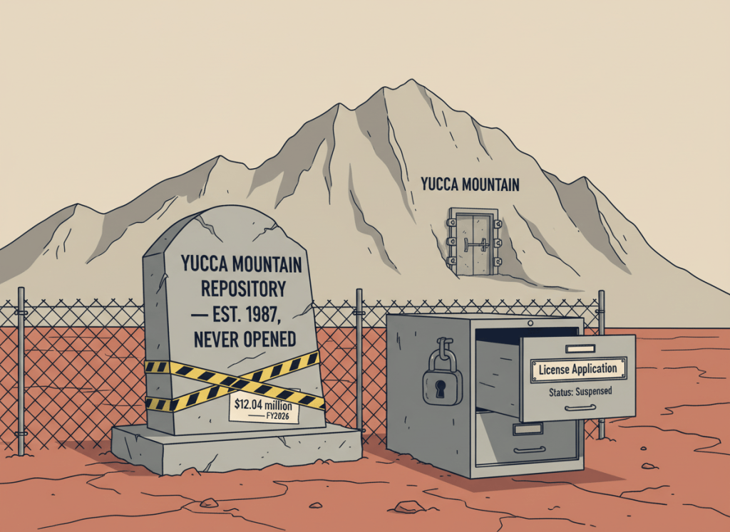 A dry editorial illustration in flat graphic style. A stark Nevada desert landscape with a mountain in the background labeled "Yucca Mountain." In the foreground, a large federal tombstone reads "Yucca Mountain Repository — Est. 1987, Never Opened." But the tombstone has caution tape around it, a padlock on a chain-link fence, and a small federal budget line item posted to it reading "$12.04 million — FY2026." A ghostly outline of a repository tunnel mouth is visible in the mountain, sealed with a metal door. A government filing cabinet sits open beside the tombstone, labeled "License Application — Status: Suspended." The overall tone is wry, deadpan, bureaucratic absurdism. Muted desert tan, government navy, and rust red palette. Flat editorial illustration style.