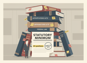 A dry editorial illustration in flat graphic style. Center frame: a very short single-page memo labeled "Statutory Minimum" with a CFO signature stamp dated March 18. Behind it, towering over it, a massive stack of thick federal law books, appropriations acts, and statutory riders labeled "The Actual Law." The memo has a highlighted line reading "81 positions" while the law books have sticky notes reading "Tibet," "North Korea," "Farsi," "Appropriations Riders," etc. A small figure in a suit stands beside the memo, appearing to not notice the tower of statutes looming behind them. Background is muted government beige and institutional gray. Wry, flat, editorial newspaper-style illustration.