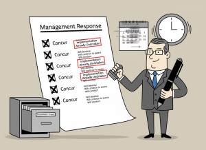 A dry editorial illustration in flat graphic style. A large government form sits center frame, titled "Management Response." Six checkboxes are visible, all marked "Concur." Next to five of them, a rubber stamp reads "Implementation Already Undertaken." But below each stamp, the fine print reads "Will develop," "Will continue to assess," "Will conduct." A bureaucrat in a suit holds a pen, having just stamped the form, with a satisfied expression — while behind them, a wall calendar shows dates rushing past and a clock ticks. In the corner, a filing cabinet drawer is labeled "Documentation — Empty." Background is muted government beige and institutional gray. Flat, wry, deadpan editorial illustration style.