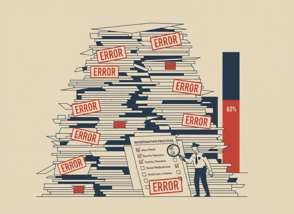 A dry editorial illustration in flat graphic style. A massive stack of manila immigration files sits center frame, with a large red stamp reading "ERROR" on 40 percent of them. One open file shows a checklist with several boxes unchecked — "Alias Check," "Security Clearance," "Social Media Review." A magnifying glass hovers over the pile held by a small inspector general figure. In the background, a bar chart shows 40% highlighted in red. The tone is bureaucratic and serious without being alarmist. Muted government beige, navy, and red palette. Flat, editorial, newspaper-style illustration.