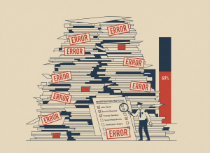 A dry editorial illustration in flat graphic style. A massive stack of manila immigration files sits center frame, with a large red stamp reading "ERROR" on 40 percent of them. One open file shows a checklist with several boxes unchecked — "Alias Check," "Security Clearance," "Social Media Review." A magnifying glass hovers over the pile held by a small inspector general figure. In the background, a bar chart shows 40% highlighted in red. The tone is bureaucratic and serious without being alarmist. Muted government beige, navy, and red palette. Flat, editorial, newspaper-style illustration.