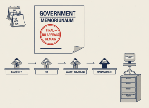 A dry editorial illustration in flat graphic style. A large government memorandum sits center frame, stamped "FINAL — No Appeals Remain." Below it, a chain of desks stretches left to right: Security, HR, Labor Relations, Management — each desk has an arrow pointing to the next, and each has a small figure shrugging with hands raised. At the end of the chain, an empty chair sits with a name plate reading "Responsible Party." In the corner, a calendar shows months passing. A filing cabinet is labeled "Personnel Actions — Pending." The overall tone is deadpan bureaucratic. Muted government navy, beige, and institutional gray. Flat, wry, editorial newspaper-style illustration.