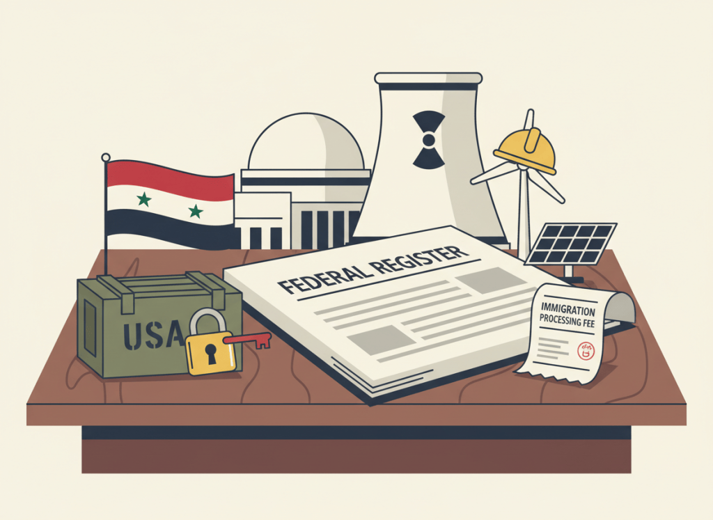 A flat editorial illustration of an open Federal Register document, pages slightly fanned, resting on a government-style wooden desk. Surrounding it are small iconic symbols representing the day's top stories: a Syrian flag motif, a military export crate with a lock being opened, an immigration fee receipt, a wind turbine and solar panel with a construction hard hat, and a small nuclear reactor dome. The overall style is dry, bureaucratic, newspaper editorial. Color palette: muted navy, cream, dark gray, with small accents of red. Clean, understated, serious tone.