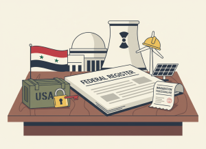 A flat editorial illustration of an open Federal Register document, pages slightly fanned, resting on a government-style wooden desk. Surrounding it are small iconic symbols representing the day's top stories: a Syrian flag motif, a military export crate with a lock being opened, an immigration fee receipt, a wind turbine and solar panel with a construction hard hat, and a small nuclear reactor dome. The overall style is dry, bureaucratic, newspaper editorial. Color palette: muted navy, cream, dark gray, with small accents of red. Clean, understated, serious tone.