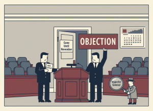 A flat editorial illustration in dry, deadpan newspaper style. A Senate chamber lectern sits center frame. On one side, a figure holds a small document labeled "FHFA IG Budget." On the other side, a figure holds up a large red "OBJECTION" placard. Between them, a door is swinging open with a sign reading "Gone Until November." In the background, empty Senate seats and a calendar showing a long stretch of crossed-out days. A small figure in the corner holds a magnifying glass labeled "Inspector General." Muted navy, burgundy, cream, and institutional gray color palette. Wry, understated, bureaucratic editorial illustration.