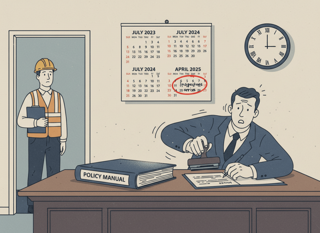 A flat, dry editorial illustration. A bureaucratic office desk with a thick policy binder sitting closed and dusty. A wall calendar in the background shows dates passing — July 2023, July 2024, April 2025 — with the April 2025 box circled and labeled "Inspectors arrive." A figure in a hard hat with a clipboard stands at the door; at that same moment, a figure at the desk frantically stamps and signs the policy binder. A clock on the wall shows it is very late. Muted navy, beige, cream, and dark gray. Wry, deadpan, institutional newspaper editorial illustration style.