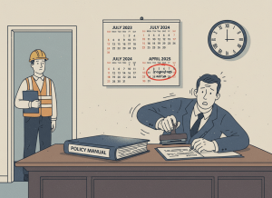 A flat, dry editorial illustration. A bureaucratic office desk with a thick policy binder sitting closed and dusty. A wall calendar in the background shows dates passing — July 2023, July 2024, April 2025 — with the April 2025 box circled and labeled "Inspectors arrive." A figure in a hard hat with a clipboard stands at the door; at that same moment, a figure at the desk frantically stamps and signs the policy binder. A clock on the wall shows it is very late. Muted navy, beige, cream, and dark gray. Wry, deadpan, institutional newspaper editorial illustration style.