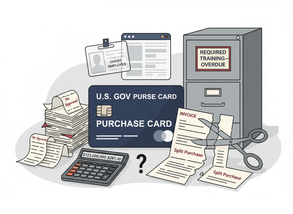 A flat, dry editorial illustration. A large government credit card labeled "U.S. GOV PURCHASE CARD" sits center frame, slightly bent. Around it: a stack of receipts labeled "No Approval," a scissors cutting a large invoice into smaller pieces labeled "Split Purchase," a ghost employee badge floating near an open card account, and a calculator showing two very different numbers — $123,000,000 on one side and $281,000 on the other, with a question mark between them. A filing cabinet in the background is labeled "Required Training — Overdue." Muted navy, institutional gray, beige, and dark red accents. Wry, deadpan bureaucratic editorial illustration style.