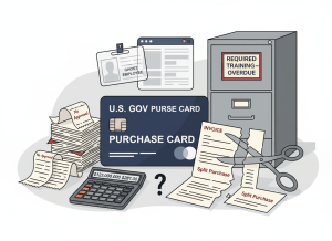 A flat, dry editorial illustration. A large government credit card labeled "U.S. GOV PURCHASE CARD" sits center frame, slightly bent. Around it: a stack of receipts labeled "No Approval," a scissors cutting a large invoice into smaller pieces labeled "Split Purchase," a ghost employee badge floating near an open card account, and a calculator showing two very different numbers — $123,000,000 on one side and $281,000 on the other, with a question mark between them. A filing cabinet in the background is labeled "Required Training — Overdue." Muted navy, institutional gray, beige, and dark red accents. Wry, deadpan bureaucratic editorial illustration style.