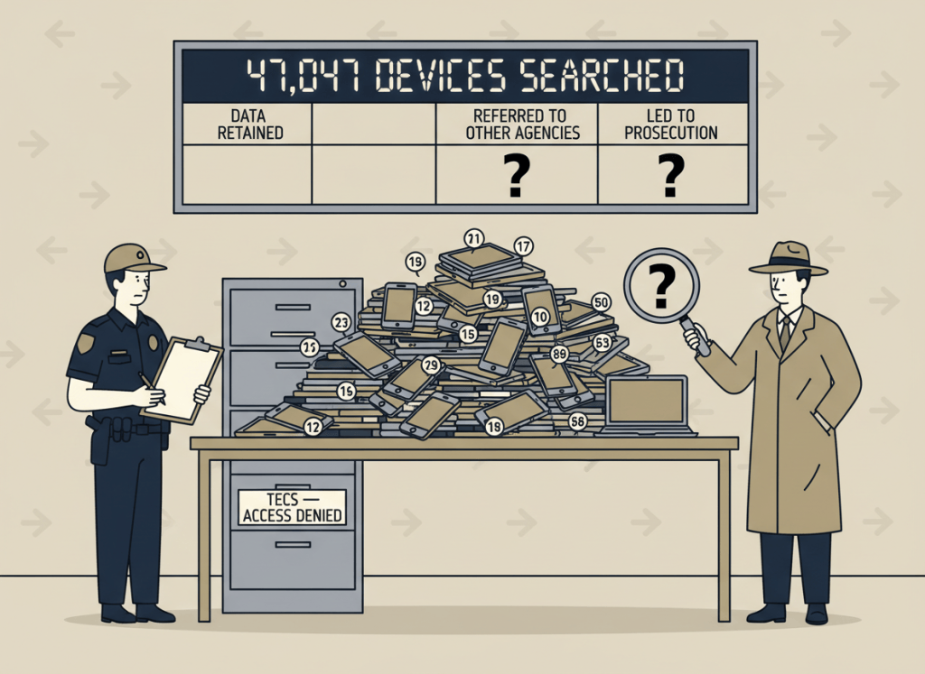 A flat, dry editorial illustration. A border inspection table holds a pile of smartphones, tablets, and laptops — each with a small number tag. Above it, a large tally board reads "47,047 Devices Searched" but beneath the columns for "Data Retained," "Referred to Other Agencies," and "Led to Prosecution," all boxes are blank or marked with question marks. A CBP officer stands to one side with a clipboard, a DHS Inspector General figure stands on the other with a magnifying glass. Between them, a filing cabinet is labeled "TECS — Access Denied." Muted navy, khaki, institutional gray, and beige. Wry, deadpan bureaucratic editorial illustration style.