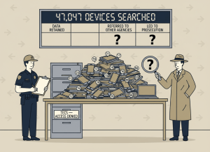A flat, dry editorial illustration. A border inspection table holds a pile of smartphones, tablets, and laptops — each with a small number tag. Above it, a large tally board reads "47,047 Devices Searched" but beneath the columns for "Data Retained," "Referred to Other Agencies," and "Led to Prosecution," all boxes are blank or marked with question marks. A CBP officer stands to one side with a clipboard, a DHS Inspector General figure stands on the other with a magnifying glass. Between them, a filing cabinet is labeled "TECS — Access Denied." Muted navy, khaki, institutional gray, and beige. Wry, deadpan bureaucratic editorial illustration style.