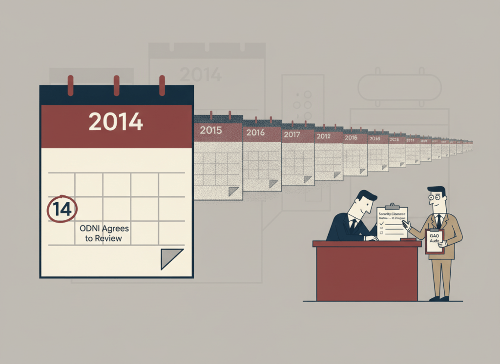 A flat, dry editorial illustration. A large wall calendar shows the year 2014 with a circle around a date labeled "ODNI Agrees to Review." Beside it, a long chain of calendars stretches across the frame — 2015, 2016, 2017 — all the way to 2026, each one slightly more faded and dusty than the last. At the end of the chain, a figure in an intelligence agency suit sits at a desk with a half-filled checklist labeled "Security Clearance Review — In Progress." A GAO auditor figure stands nearby with a clipboard and a raised eyebrow. Muted navy, institutional gray, beige, and dark red accents. Wry, deadpan bureaucratic editorial illustration style.