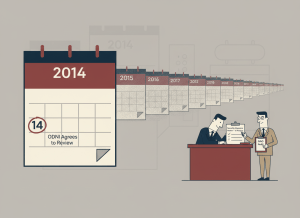 A flat, dry editorial illustration. A large wall calendar shows the year 2014 with a circle around a date labeled "ODNI Agrees to Review." Beside it, a long chain of calendars stretches across the frame — 2015, 2016, 2017 — all the way to 2026, each one slightly more faded and dusty than the last. At the end of the chain, a figure in an intelligence agency suit sits at a desk with a half-filled checklist labeled "Security Clearance Review — In Progress." A GAO auditor figure stands nearby with a clipboard and a raised eyebrow. Muted navy, institutional gray, beige, and dark red accents. Wry, deadpan bureaucratic editorial illustration style.