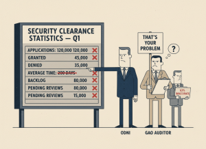 A flat, dry editorial illustration. A large government dashboard labeled "Security Clearance Statistics — Q1" shows a row of charts and numbers. Most of the figures have a small red "X" or strikethrough next to them. A figure in a suit labeled "ODNI" stands to one side pointing at the dashboard, gesturing toward a second figure labeled "GAO Auditor" with a clipboard. The ODNI figure holds a sign that says "That's your problem." A third small figure in the background holds a folder labeled "63% Inaccurate." Muted navy, institutional gray, beige, and dark red. Wry, deadpan bureaucratic editorial illustration style.