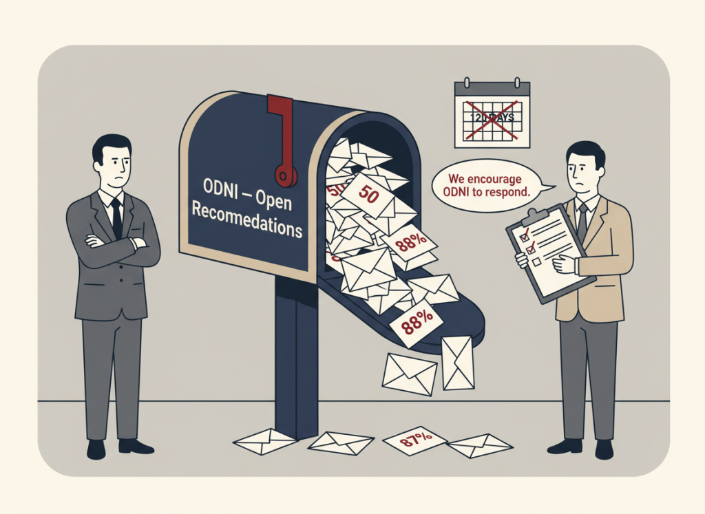 A flat, dry editorial illustration. A large government mailbox labeled "ODNI — Open Recommendations" is stuffed to overflowing with envelopes labeled with numbers: 50, 57, 88%. A figure in a suit representing the Director of National Intelligence stands nearby with arms crossed, mouth closed. Across from them, a GAO auditor figure holds a clipboard with a list of checkboxes, most of them blank. A speech bubble from the auditor says "We encourage ODNI to respond." A calendar on the wall shows 120 days crossed out. Muted navy, institutional gray, beige, and dark red. Wry, deadpan bureaucratic editorial illustration style.