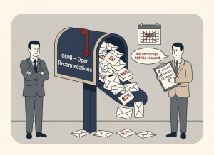 A flat, dry editorial illustration. A large government mailbox labeled "ODNI — Open Recommendations" is stuffed to overflowing with envelopes labeled with numbers: 50, 57, 88%. A figure in a suit representing the Director of National Intelligence stands nearby with arms crossed, mouth closed. Across from them, a GAO auditor figure holds a clipboard with a list of checkboxes, most of them blank. A speech bubble from the auditor says "We encourage ODNI to respond." A calendar on the wall shows 120 days crossed out. Muted navy, institutional gray, beige, and dark red. Wry, deadpan bureaucratic editorial illustration style.