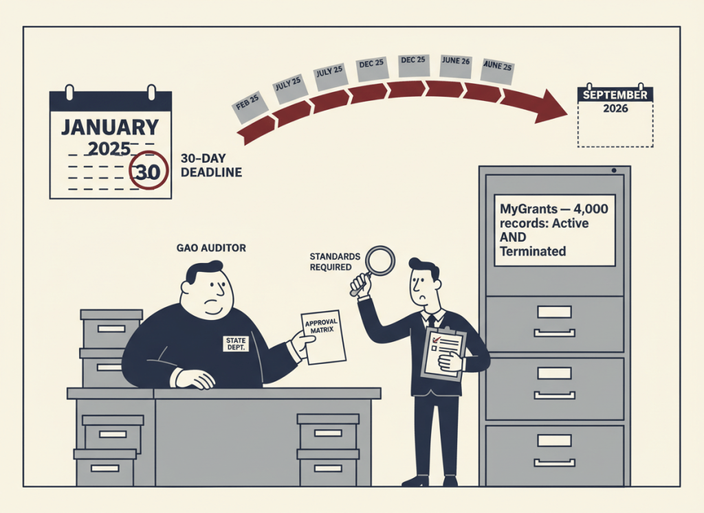 A flat, dry editorial illustration. A wall calendar shows "January 2025" with a date circled labeled "30-Day Deadline." A long arrow stretches across the frame past many months to "September 2026" — still no document at the end. A State Department figure sits at a desk and hands over a single sheet labeled "Approval Matrix" to a GAO auditor who holds up a checklist labeled "Standards Required." A filing cabinet in the background is labeled "MyGrants — 4,000 records: Active AND Terminated." Muted navy, cream, institutional gray, and dark red. Wry, deadpan bureaucratic editorial illustration style.