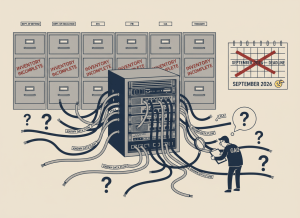 A flat, dry editorial illustration. A large government server rack sits center frame with dozens of cables running out of it — some labeled "known," but many trailing off into question marks. Seven filing cabinets in the background are labeled with agency names, each with a large "INVENTORY INCOMPLETE" stamp on them. A small figure labeled "GAO" holds a clipboard and a magnifying glass, examining a cable that leads nowhere. A wall calendar shows "September 2024 — Deadline" crossed out, and "September 2026" with a shrug emoji. Muted navy, institutional gray, beige, and dark red. Wry, deadpan bureaucratic editorial illustration style.