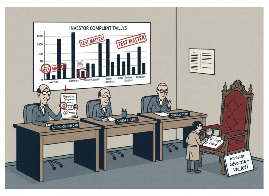 A flat, dry editorial illustration. A small government office with three desks, labeled "Acting Ombudsman," "Senior Counsel," and "Detailed Staff." A large wall chart shows investor complaint tallies, but some bars are labeled "TEST MATTER" with a red stamp. A figure at the main desk holds a report labeled "Report to Congress" with obvious number discrepancies marked in red. An empty throne-like chair in the corner has a placard reading "Investor Advocate — VACANT." A small OIG inspector figure stands nearby with a magnifying glass and a clipboard labeled "65 Gaps Found." Muted navy, institutional gray, beige, and dark red. Wry, deadpan bureaucratic editorial illustration style.