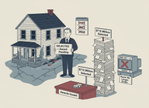 A flat, dry editorial illustration. A large flood-damaged house sits on a street with water rising around it. Next to it, a government official holds a sign reading "SELECTED — Award Pending." A calendar on the wall behind shows years ticking by: FY22, FY23, FY24. A small stack of four checks sits on a desk labeled "Awards Issued," dwarfed by a towering pile of applications labeled "$715 Million Selected." In the corner, a computer terminal labeled "FEMA GO — Sandbox" has a large red X through it and a sign reading "Room No Longer Exists." Muted navy, institutional gray, beige, flood blue, and dark red. Wry, deadpan bureaucratic editorial illustration style.