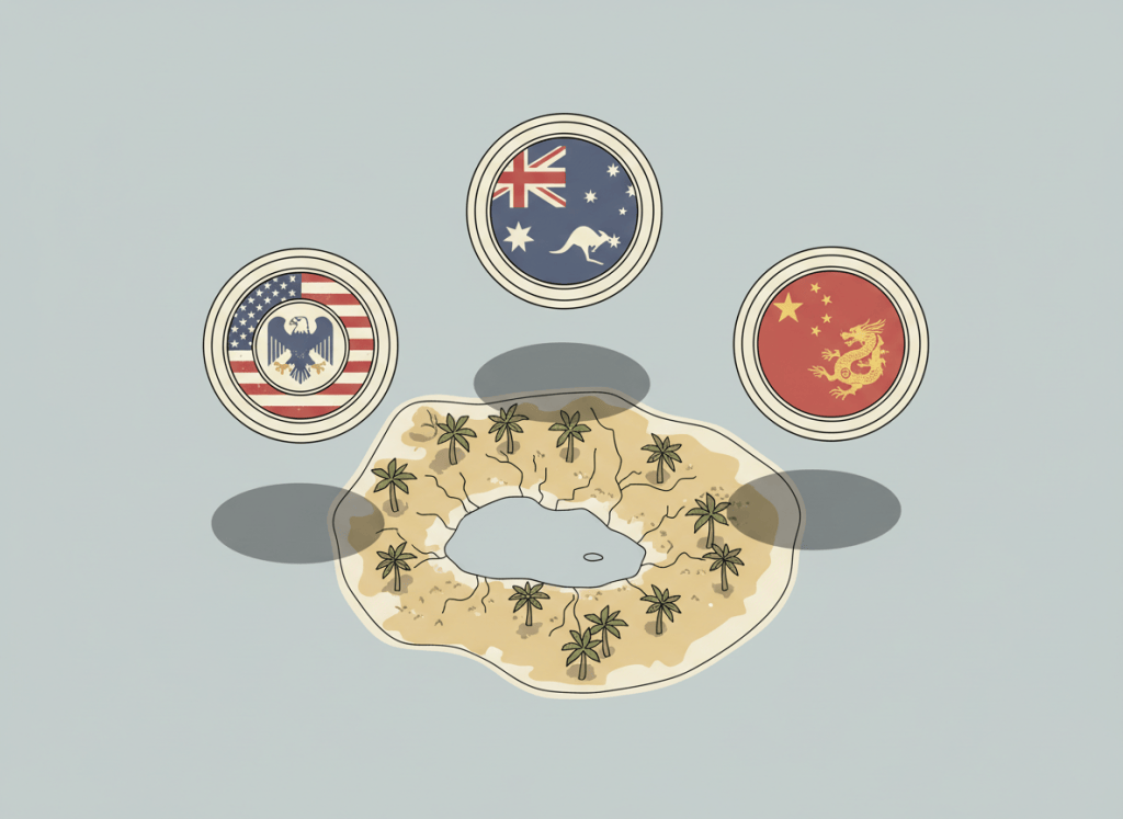 A flat, dry editorial illustration of a small Pacific island viewed from above, with three large flags or bureaucratic seals — American, Australian, and Chinese — hovering overhead, casting shadows on the island below. Muted, deadpan color palette. Clean lines, minimal detail, slightly absurdist tone.