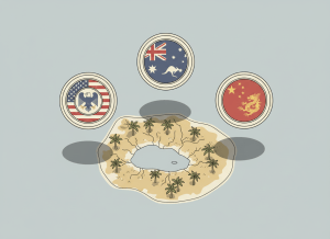 A flat, dry editorial illustration of a small Pacific island viewed from above, with three large flags or bureaucratic seals — American, Australian, and Chinese — hovering overhead, casting shadows on the island below. Muted, deadpan color palette. Clean lines, minimal detail, slightly absurdist tone.