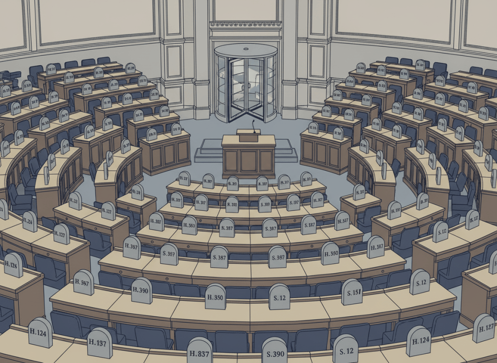 A flat, dry editorial illustration of a formal congressional chamber with rows of empty seats, but instead of legislation on the desks there are gravestones with bill numbers on them. A revolving door stands at the back of the chamber. Muted, deadpan bureaucratic color palette — grays, beiges, faded navy. Clean lines, slightly absurdist tone.