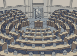 A flat, dry editorial illustration of a formal congressional chamber with rows of empty seats, but instead of legislation on the desks there are gravestones with bill numbers on them. A revolving door stands at the back of the chamber. Muted, deadpan bureaucratic color palette — grays, beiges, faded navy. Clean lines, slightly absurdist tone.