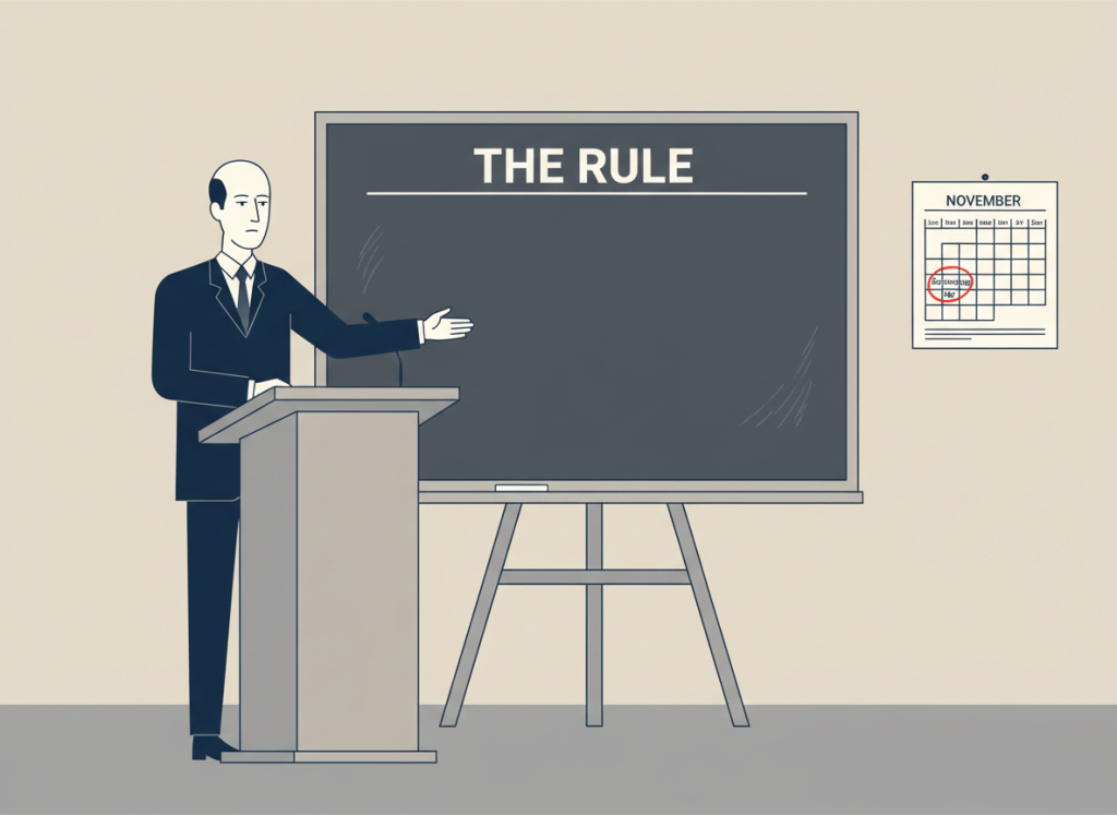 A flat, dry editorial illustration of a government official standing at a podium, gesturing toward a giant chalkboard that reads "THE RULE" — but the chalkboard is completely blank below the heading. A calendar on the wall shows Election Day circled in red. Muted bureaucratic color palette — beige, gray, navy. Deadpan, slightly absurdist tone.