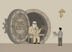 A flat, dry editorial illustration of a large ornate vault door labeled "YOUR CRYPTO" standing open, but inside the vault sits a suited government bureaucrat at a desk holding a giant key. The person who owns the vault stands outside, holding a piece of paper labeled "CLAIM." Muted deadpan color palette — gray, beige, gold. Clean lines, slightly absurdist tone.