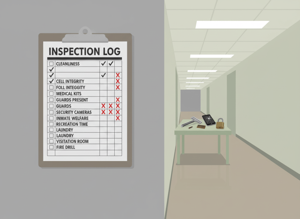 A flat, dry editorial illustration of a sterile government detention facility corridor with a clipboard on the wall labeled "INSPECTION LOG" showing a long checklist — most items are checked, but several are marked with X's. A pile of contraband items (razors, a cellphone, a padlock) sits visibly on a table in the background. Muted deadpan color palette — institutional gray, beige, pale green. Clean lines, slightly absurdist tone.