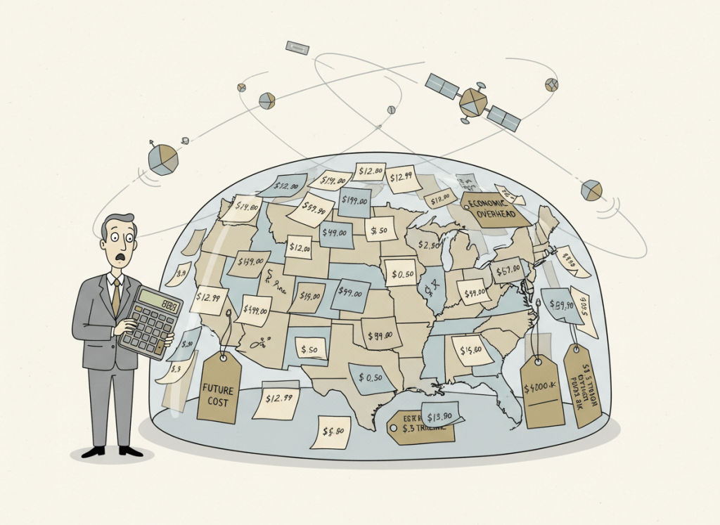 A flat, dry editorial illustration of a giant glass dome over a map of the United States, but the dome is covered in sticky notes and price tags with different dollar amounts on them. A confused accountant stands outside with a calculator. Satellites orbit above the dome. Muted deadpan color palette — gray, beige, pale blue, gold. Clean lines, slightly absurdist bureaucratic tone.