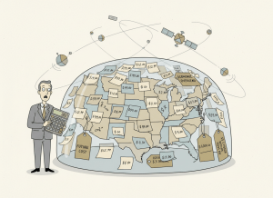 A flat, dry editorial illustration of a giant glass dome over a map of the United States, but the dome is covered in sticky notes and price tags with different dollar amounts on them. A confused accountant stands outside with a calculator. Satellites orbit above the dome. Muted deadpan color palette — gray, beige, pale blue, gold. Clean lines, slightly absurdist bureaucratic tone.
