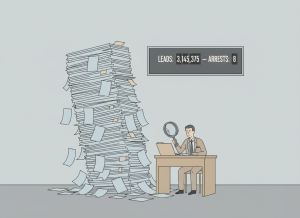 A flat, dry editorial illustration of an enormous stack of file folders and papers towering over a tiny desk, with a single government agent sitting at the desk holding a magnifying glass and looking at one file. A scoreboard on the wall reads "LEADS: 3,145,375 — ARRESTS: 8." Muted deadpan color palette — gray, beige, pale blue. Clean lines, slightly absurdist bureaucratic tone.