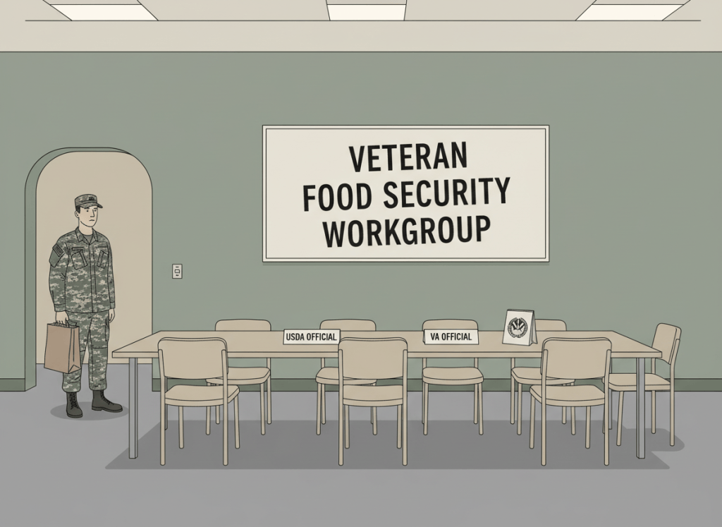 A flat, dry editorial illustration of a conference table with empty chairs and name placards for USDA and VA officials, but nobody is sitting there. A veteran in military attire stands in the doorway holding an empty grocery bag, looking at the vacant table. A banner on the wall reads "VETERAN FOOD SECURITY WORKGROUP." Muted deadpan color palette — institutional green, beige, gray. Clean lines, slightly absurdist tone.