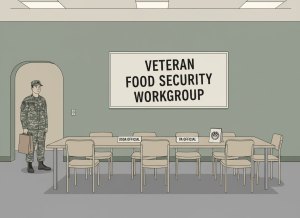 A flat, dry editorial illustration of a conference table with empty chairs and name placards for USDA and VA officials, but nobody is sitting there. A veteran in military attire stands in the doorway holding an empty grocery bag, looking at the vacant table. A banner on the wall reads "VETERAN FOOD SECURITY WORKGROUP." Muted deadpan color palette — institutional green, beige, gray. Clean lines, slightly absurdist tone.
