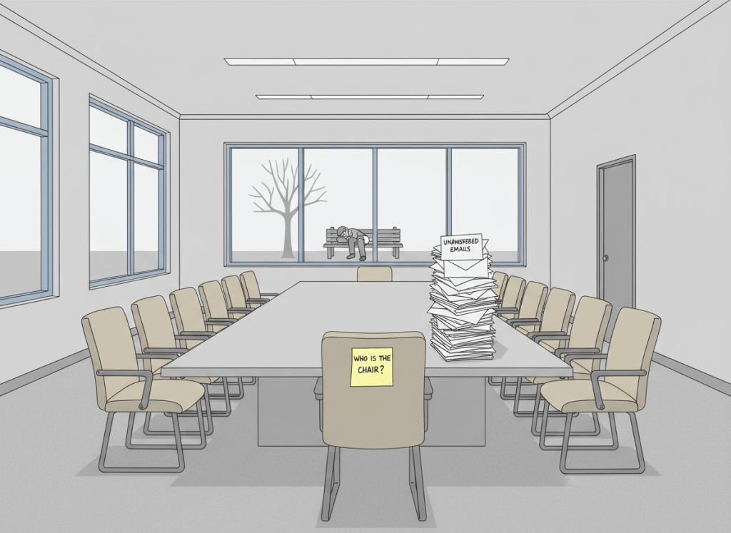 A flat, dry editorial illustration of a government conference room with nineteen empty chairs around a long table. One chair at the head of the table has a sticky note reading "WHO IS THE CHAIR?" A stack of unanswered emails sits on the table. Through the window, a person sleeps on a park bench. Muted deadpan color palette — gray, beige, pale blue. Clean lines, slightly absurdist bureaucratic tone.