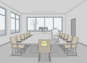 A flat, dry editorial illustration of a government conference room with nineteen empty chairs around a long table. One chair at the head of the table has a sticky note reading "WHO IS THE CHAIR?" A stack of unanswered emails sits on the table. Through the window, a person sleeps on a park bench. Muted deadpan color palette — gray, beige, pale blue. Clean lines, slightly absurdist bureaucratic tone.
