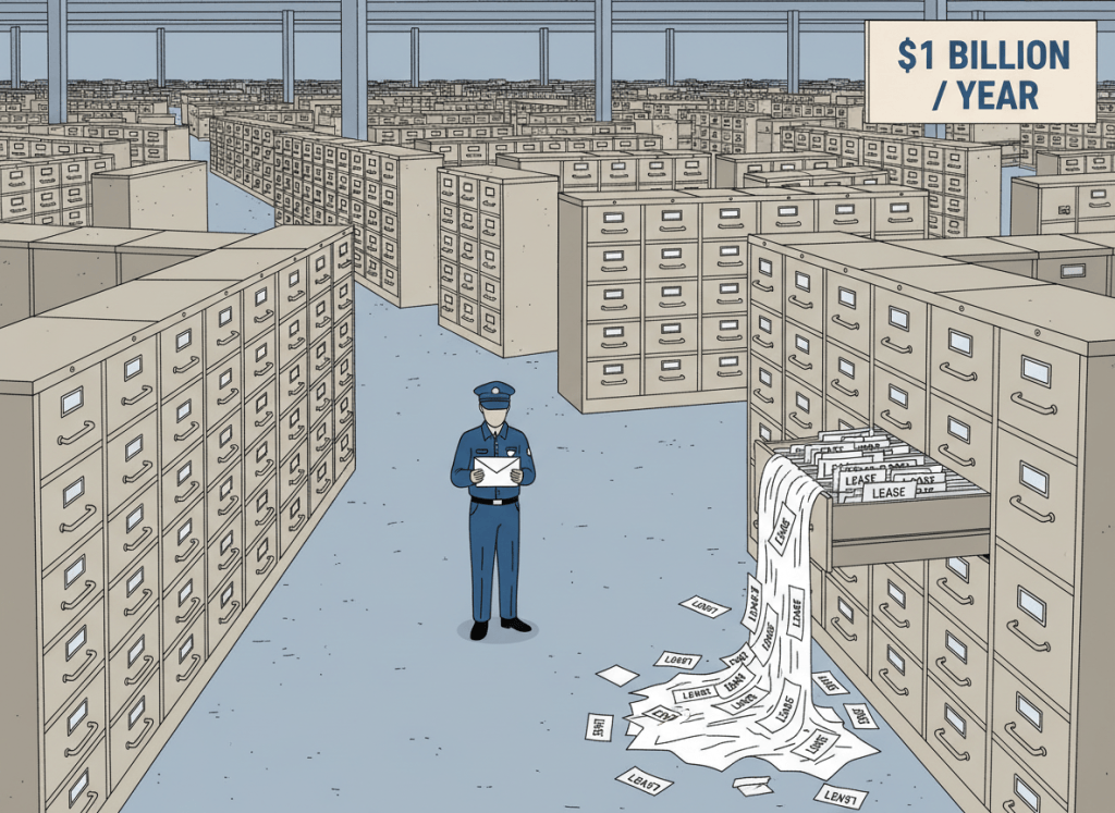A flat, dry editorial illustration of a vast warehouse filled floor-to-ceiling with filing cabinets and paper folders, all labeled "LEASE." A small postal worker stands in the center holding a single envelope, looking overwhelmed. One cabinet drawer is open and overflowing. A sign on the wall reads "$1 BILLION / YEAR." Muted deadpan color palette — postal blue, beige, gray. Clean lines, slightly absurdist bureaucratic tone.