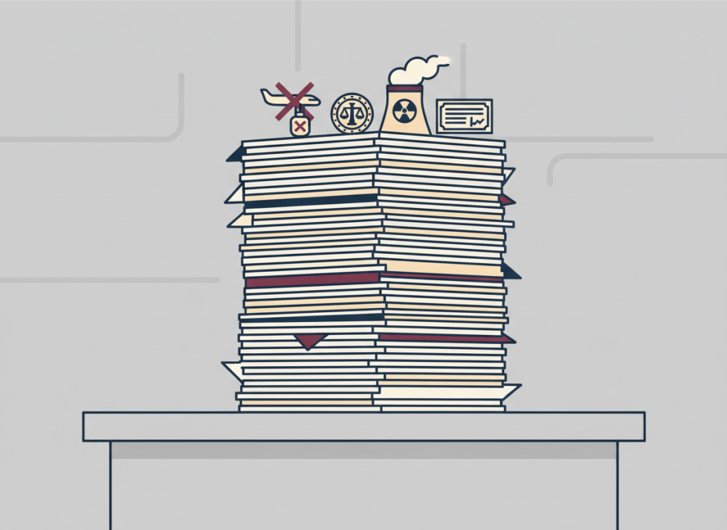 Flat editorial illustration in muted navy, burgundy, beige, and institutional gray. A dense stack of official government documents and notices on a desk, with small visual icons representing: a commercial airplane with a security badge being crossed out, a Treasury seal, a nuclear reactor cooling tower, and a stock certificate. Deadpan bureaucratic newspaper illustration style. No text.