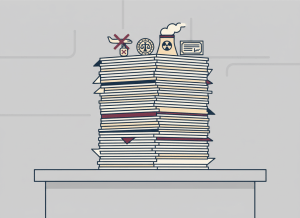 Flat editorial illustration in muted navy, burgundy, beige, and institutional gray. A dense stack of official government documents and notices on a desk, with small visual icons representing: a commercial airplane with a security badge being crossed out, a Treasury seal, a nuclear reactor cooling tower, and a stock certificate. Deadpan bureaucratic newspaper illustration style. No text.
