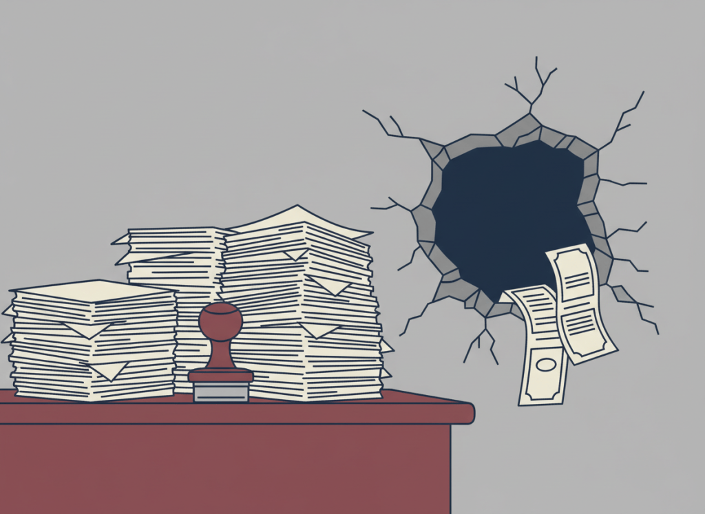Flat editorial illustration in muted navy, burgundy, beige, and institutional gray. A large stack of compliance paperwork and approval forms on a desk, with a rubber stamp reading "APPROVED" next to a tall pile of transaction records slipping through a gap in a broken wall. Deadpan bureaucratic newspaper illustration style. No text.