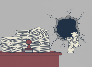 Flat editorial illustration in muted navy, burgundy, beige, and institutional gray. A large stack of compliance paperwork and approval forms on a desk, with a rubber stamp reading "APPROVED" next to a tall pile of transaction records slipping through a gap in a broken wall. Deadpan bureaucratic newspaper illustration style. No text.