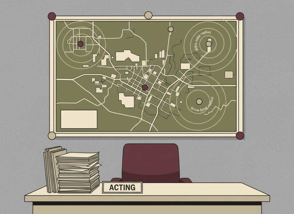 Flat editorial illustration in muted olive green, dusty beige, burgundy, and institutional gray. A large government map pinned to a wall in a sparse bureaucratic office, with pushpins and drive-time radius circles drawn on it. The desk in front is empty — a nameplate reads "ACTING" and a chair sits vacant. Papers are stacked unevenly. Deadpan dry bureaucratic newspaper illustration style. No text.