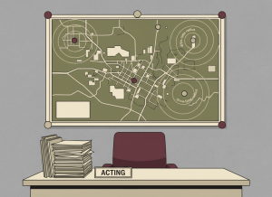 Flat editorial illustration in muted olive green, dusty beige, burgundy, and institutional gray. A large government map pinned to a wall in a sparse bureaucratic office, with pushpins and drive-time radius circles drawn on it. The desk in front is empty — a nameplate reads "ACTING" and a chair sits vacant. Papers are stacked unevenly. Deadpan dry bureaucratic newspaper illustration style. No text.