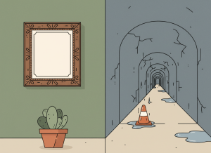 Flat editorial illustration in muted institutional green, beige, slate gray, and burgundy. Split scene: on the left, a framed award certificate hangs proudly on a government office wall with a small potted plant beneath it. On the right, an enclosed government walkway tunnel with water dripping through cracks in the walls and ceiling, pooling on the floor, with a single orange safety cone. Deadpan dry bureaucratic newspaper illustration style. No text.