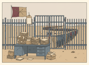 Flat editorial illustration in muted sand, slate gray, burgundy, and institutional beige. A large padlocked prison gate in a desert setting with a long queue of figures outside it and stacked manila folders of case files spilling off a government desk in the foreground. A coalition flag and a price tag hang in the background. Deadpan dry bureaucratic newspaper illustration style. No text.